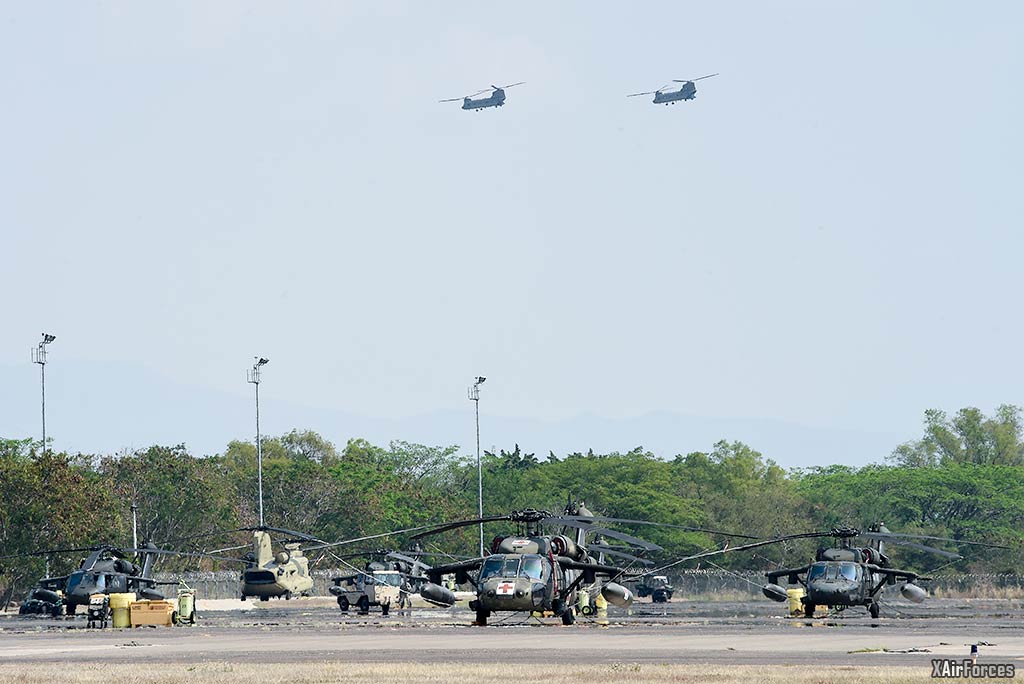 USArmy CH-47 Chinooks depart Soto Cano AB in support of firefighting supports Honduras