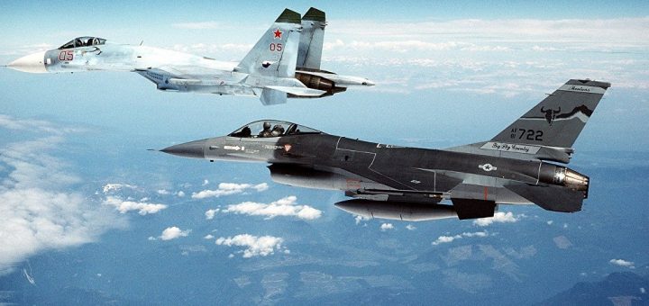 USAF F-16 fighters intercepting Russian Su-30