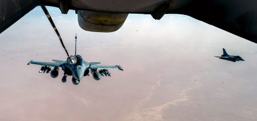A French Naval Rafale receives fuel from a 908th Expeditionary Air Refueling Squadron KC-10